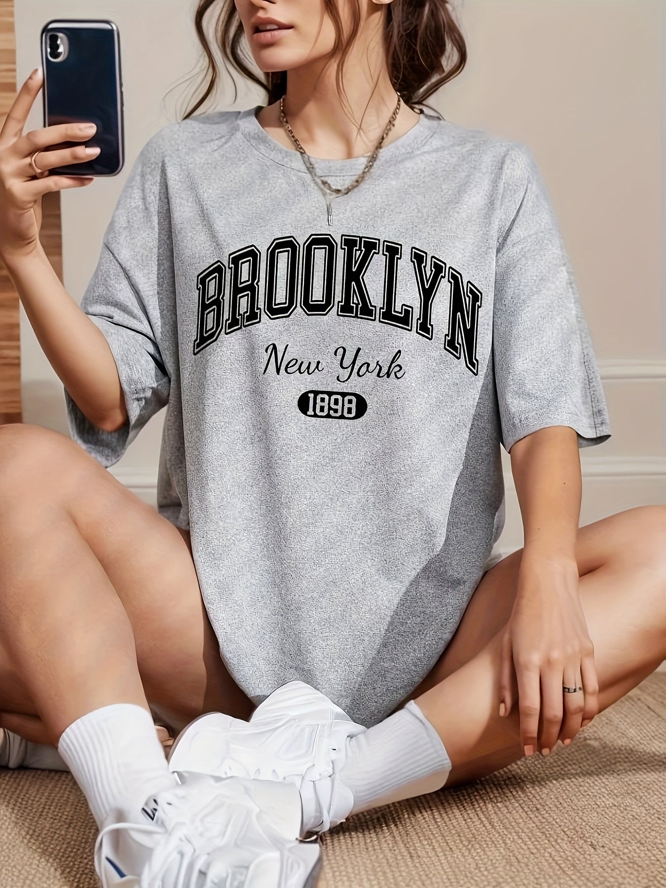 BROOKLYN Print T-shirt, Casual Short Sleeve Crew Neck Top For Spring & Summer, Women's Clothing