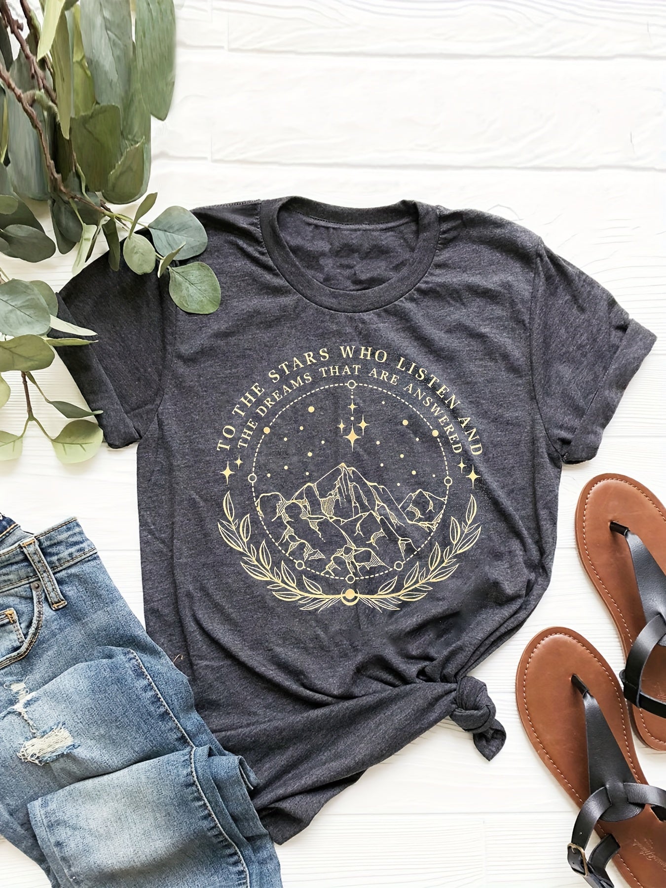 Moon & Mountain Print Crew Neck T-Shirt, Casual Short Sleeve T-Shirt For Spring & Summer, Women's Clothing