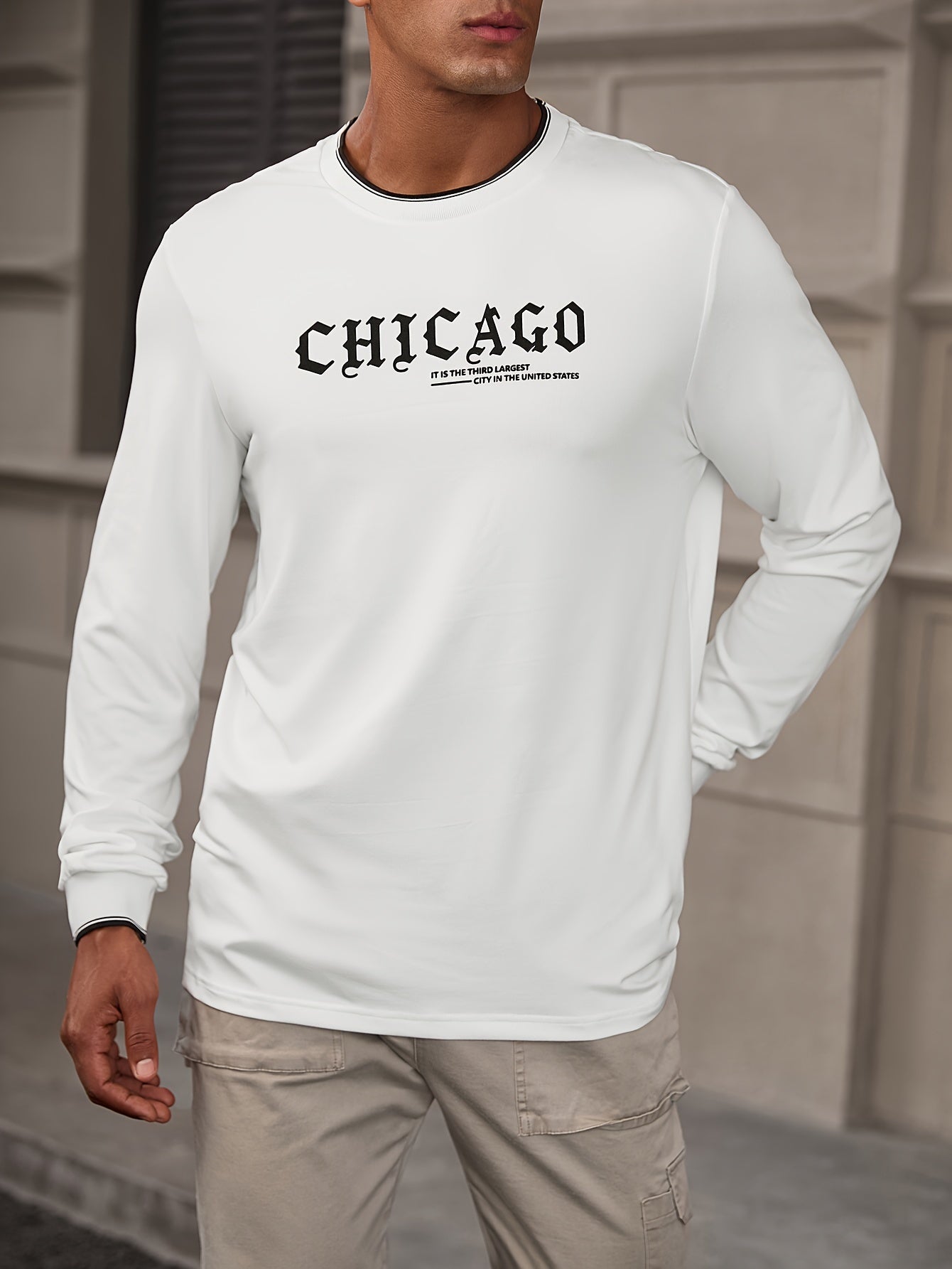 CHICAGO Print Men's Street Daily Long Sleeve High Stretch T-shirt, Spring Fall Outdoor, Men's Clothing