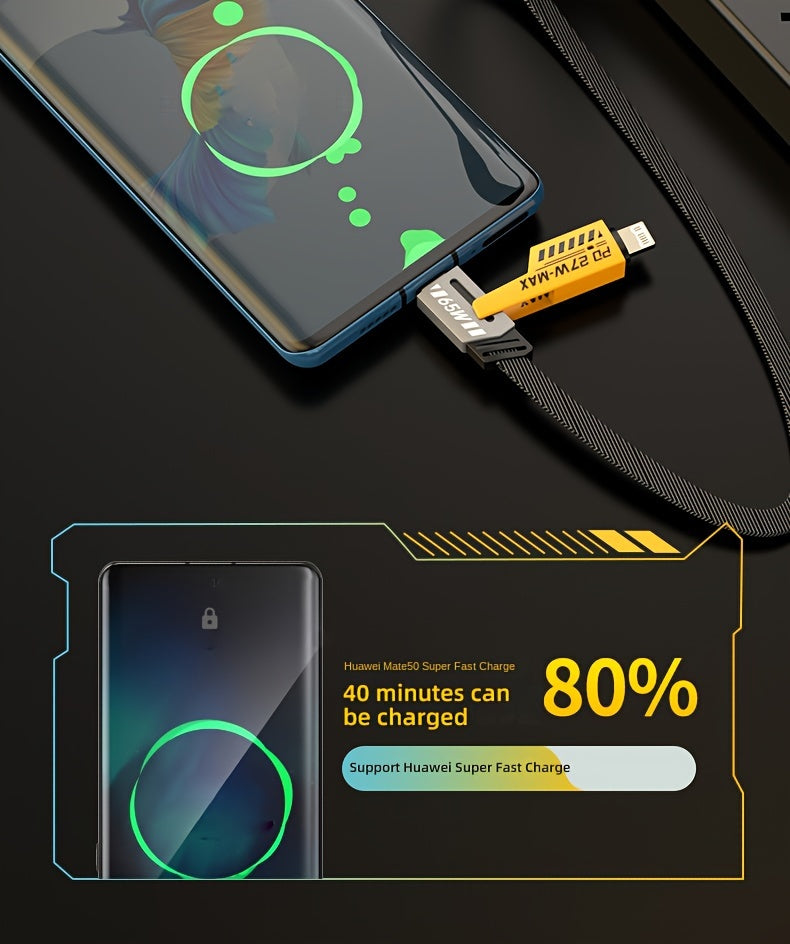 4-in-1 Fast Charging Cable, 47.24 in/120cm Dual Type-C & USB Lighting Connectors, Fabric Flat Cable, Matte Surface, USB Male to Male, Compatible with iPhone 15, For IPhone, USB Type C Charger Tablet Charge Cable