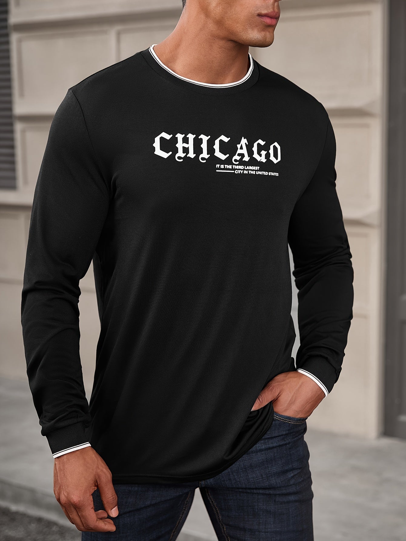 CHICAGO Print Men's Street Daily Long Sleeve High Stretch T-shirt, Spring Fall Outdoor, Men's Clothing