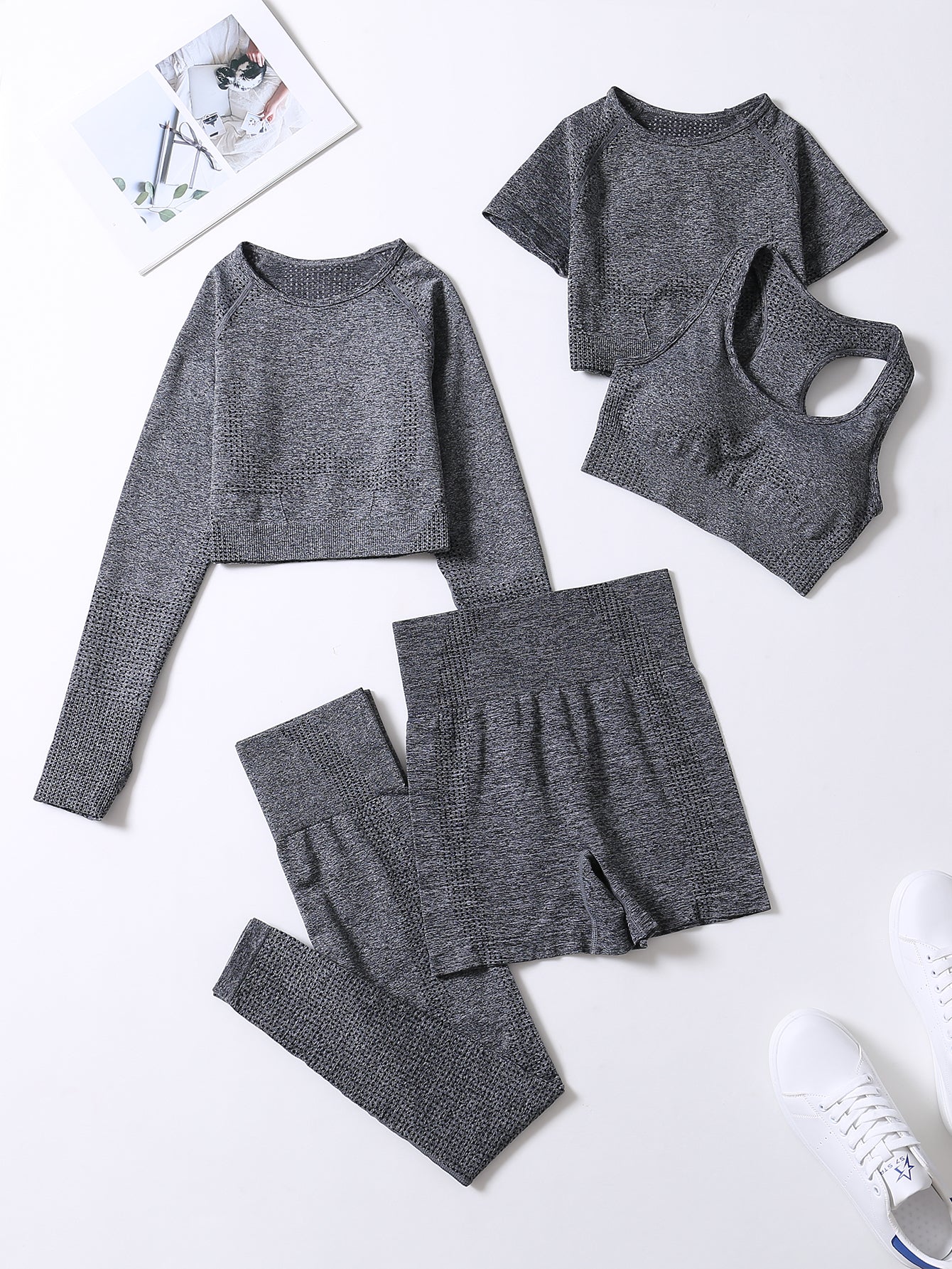 5pcs Seamless Yoga Suits, Racer Back Tank Top & Short Sleeve Cropped Top & Long Sleeve T Shirt & Shorts & Leggings Set, Women's Activewear