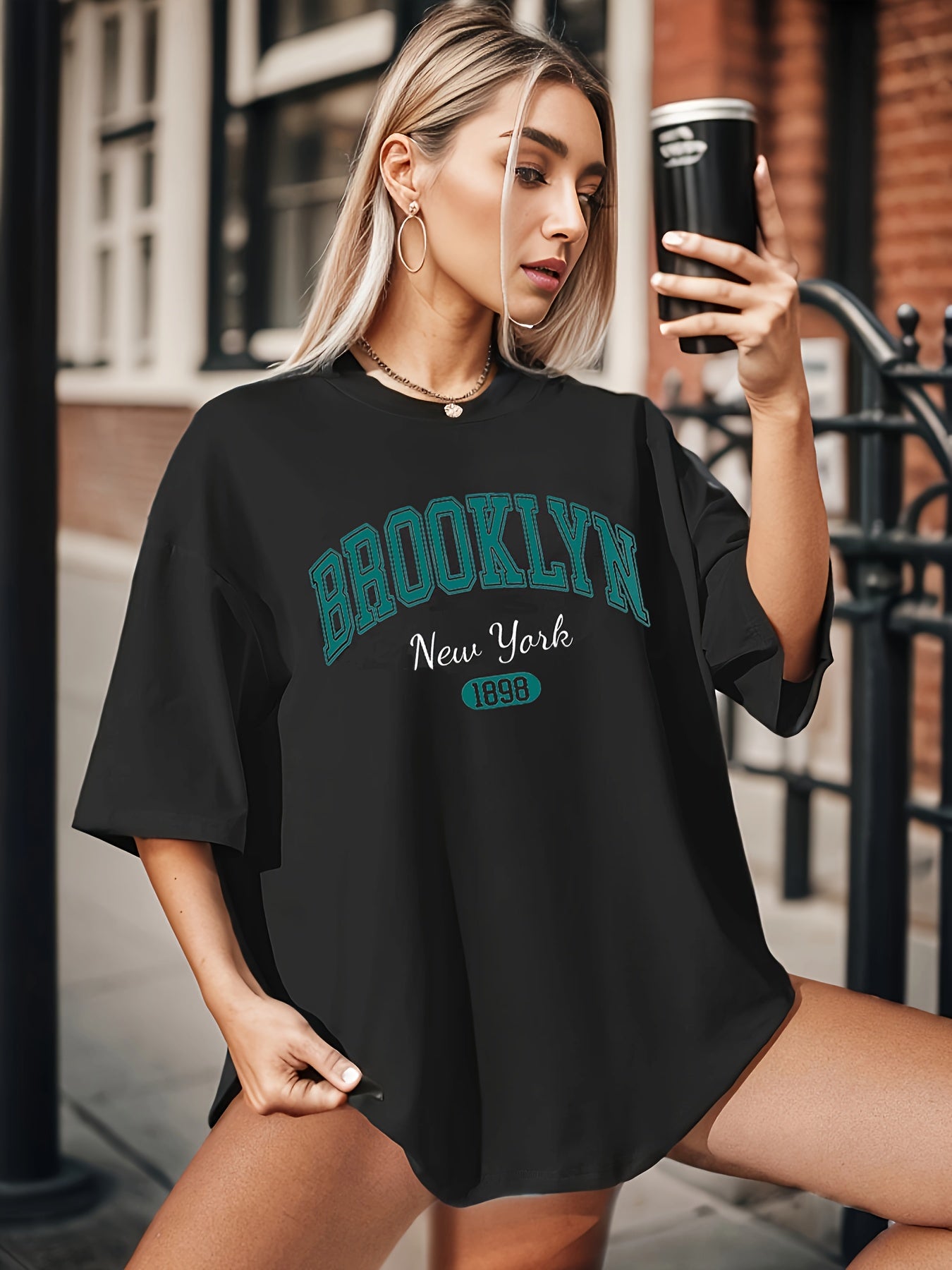 BROOKLYN Print T-shirt, Casual Short Sleeve Crew Neck Top For Spring & Summer, Women's Clothing