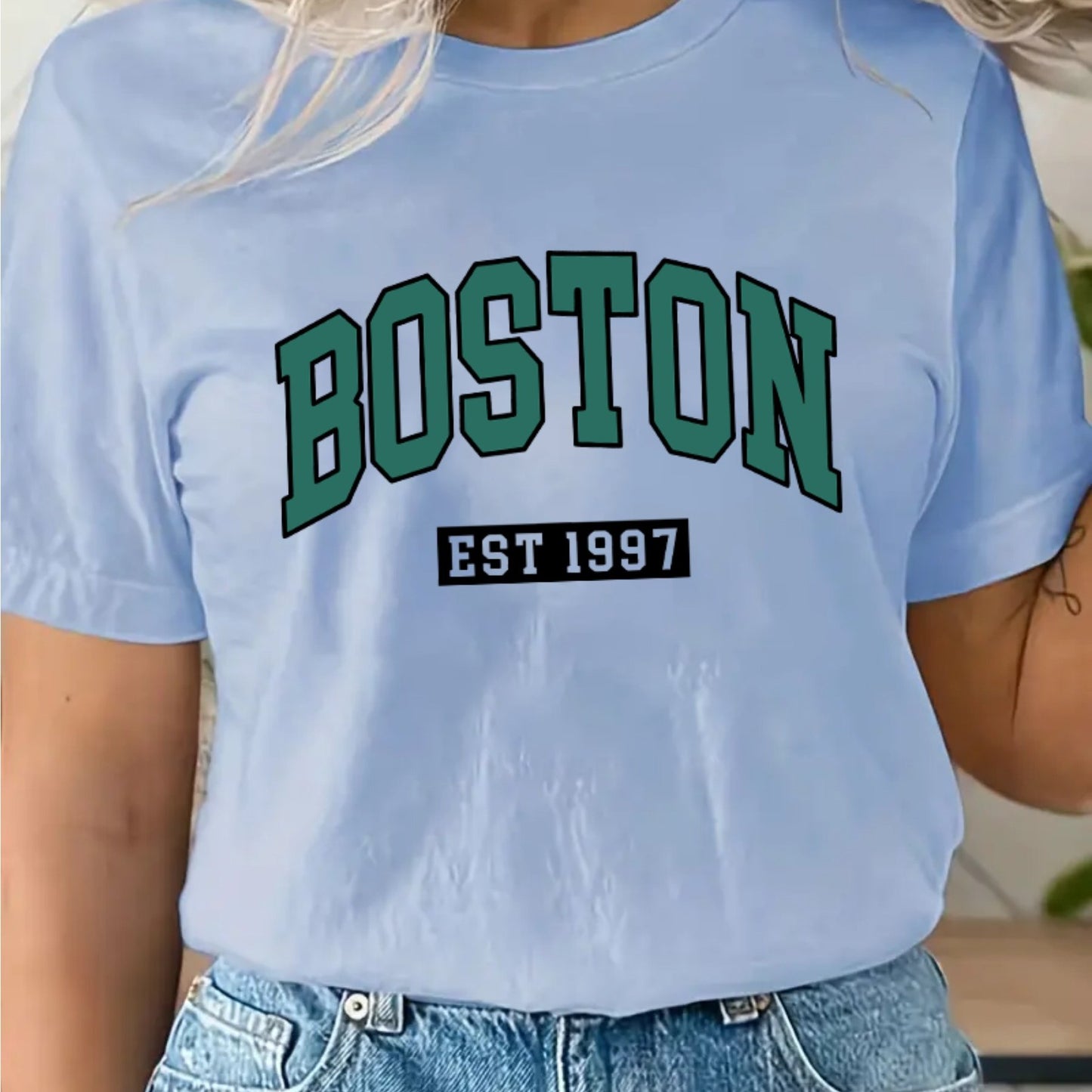 BOSTON Lettering Pattern Crew Neck T-Shirt, Casual Short Sleeve T-Shirt, Women's Clothing