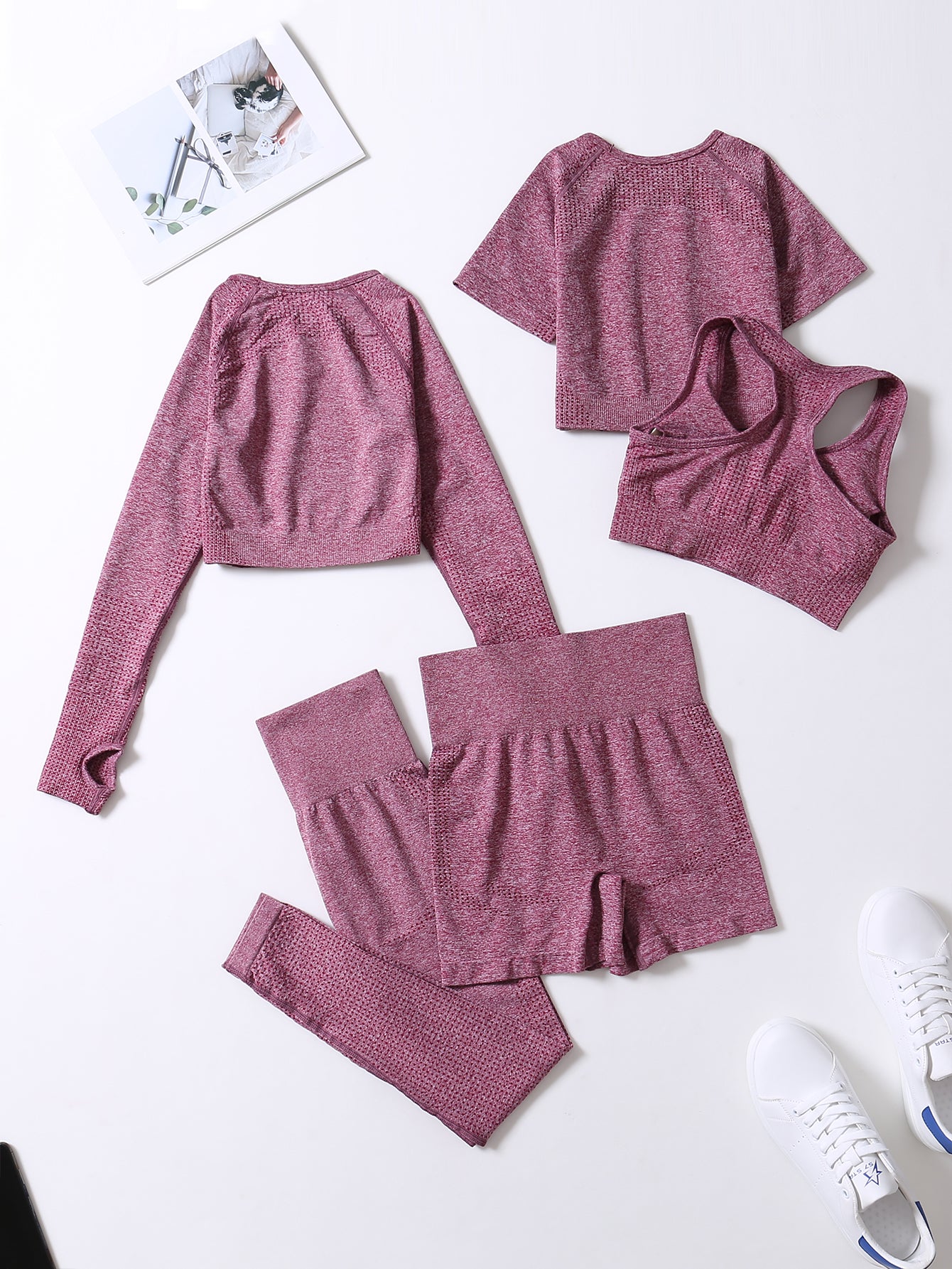 5pcs Seamless Yoga Suits, Racer Back Tank Top & Short Sleeve Cropped Top & Long Sleeve T Shirt & Shorts & Leggings Set, Women's Activewear