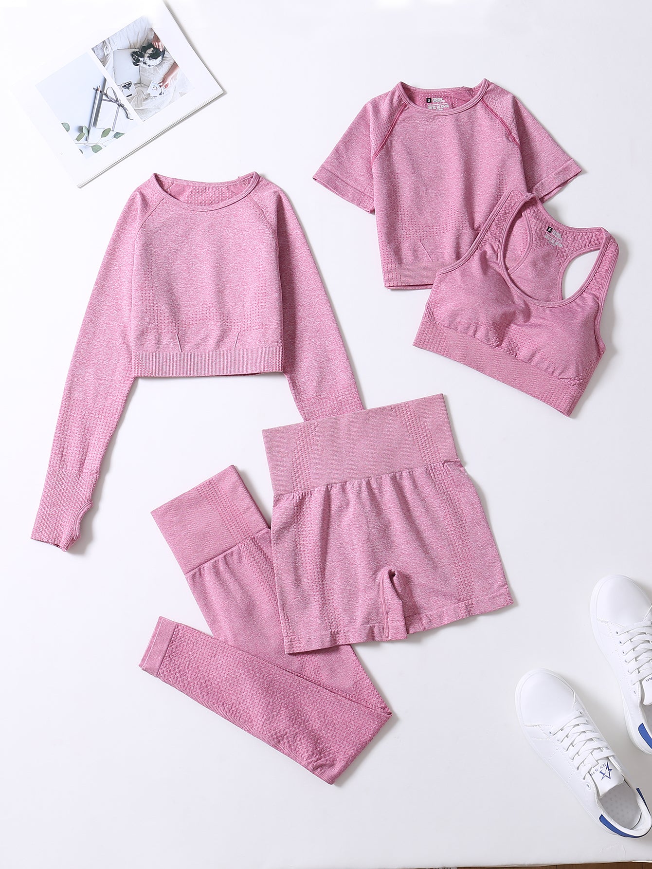 5pcs Seamless Yoga Suits, Racer Back Tank Top & Short Sleeve Cropped Top & Long Sleeve T Shirt & Shorts & Leggings Set, Women's Activewear