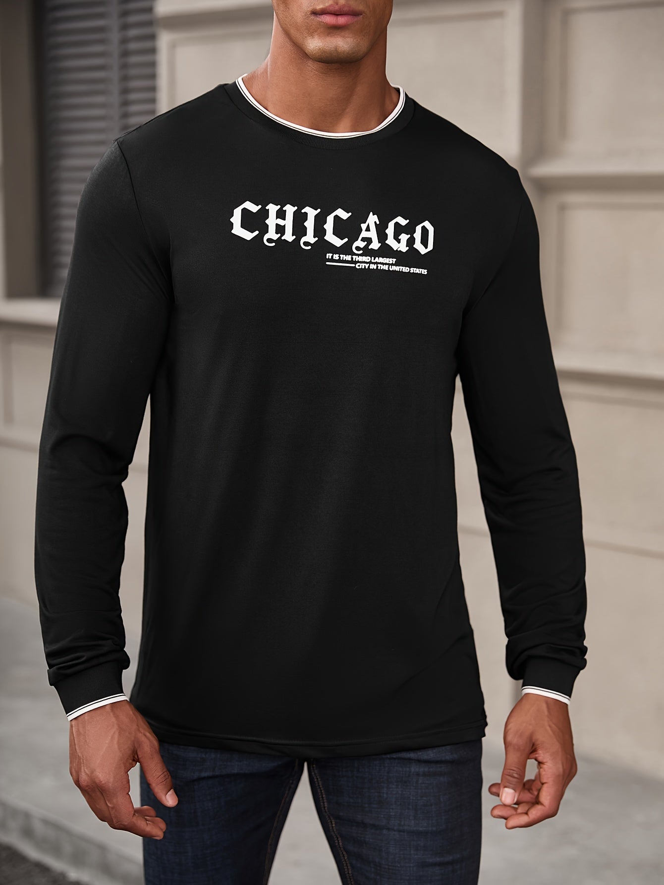 CHICAGO Print Men's Street Daily Long Sleeve High Stretch T-shirt, Spring Fall Outdoor, Men's Clothing