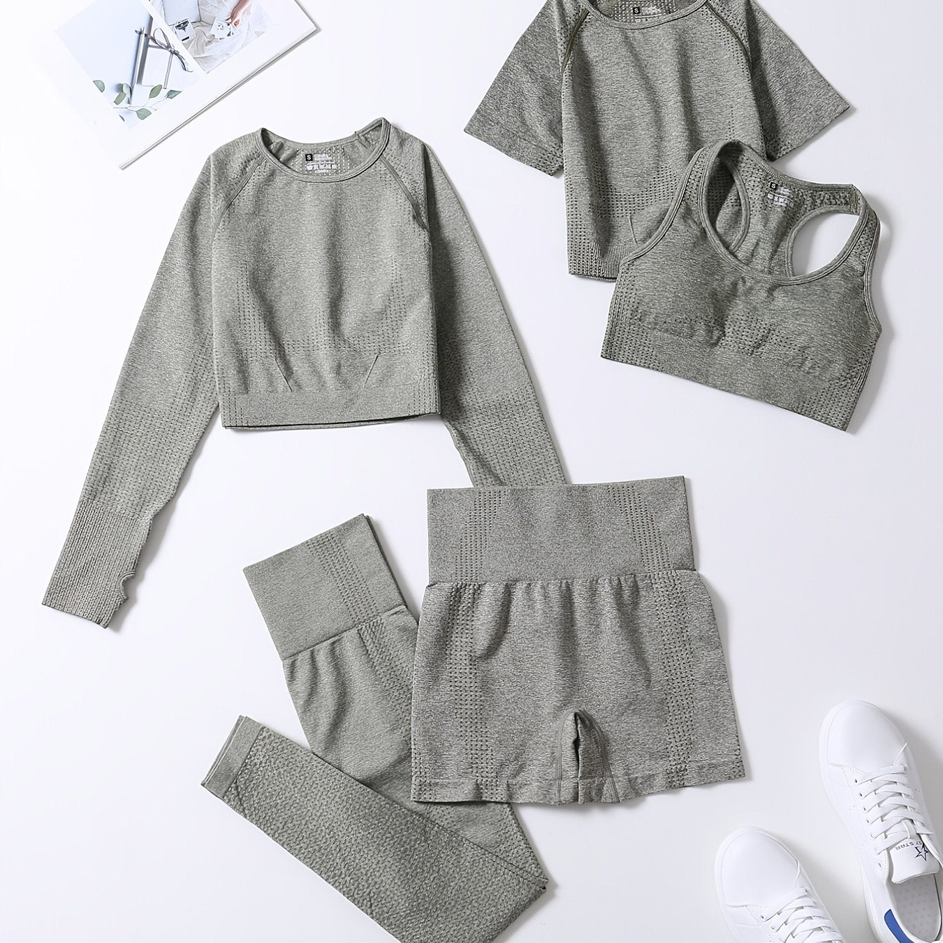 5pcs Seamless Yoga Suits, Racer Back Tank Top & Short Sleeve Cropped Top & Long Sleeve T Shirt & Shorts & Leggings Set, Women's Activewear