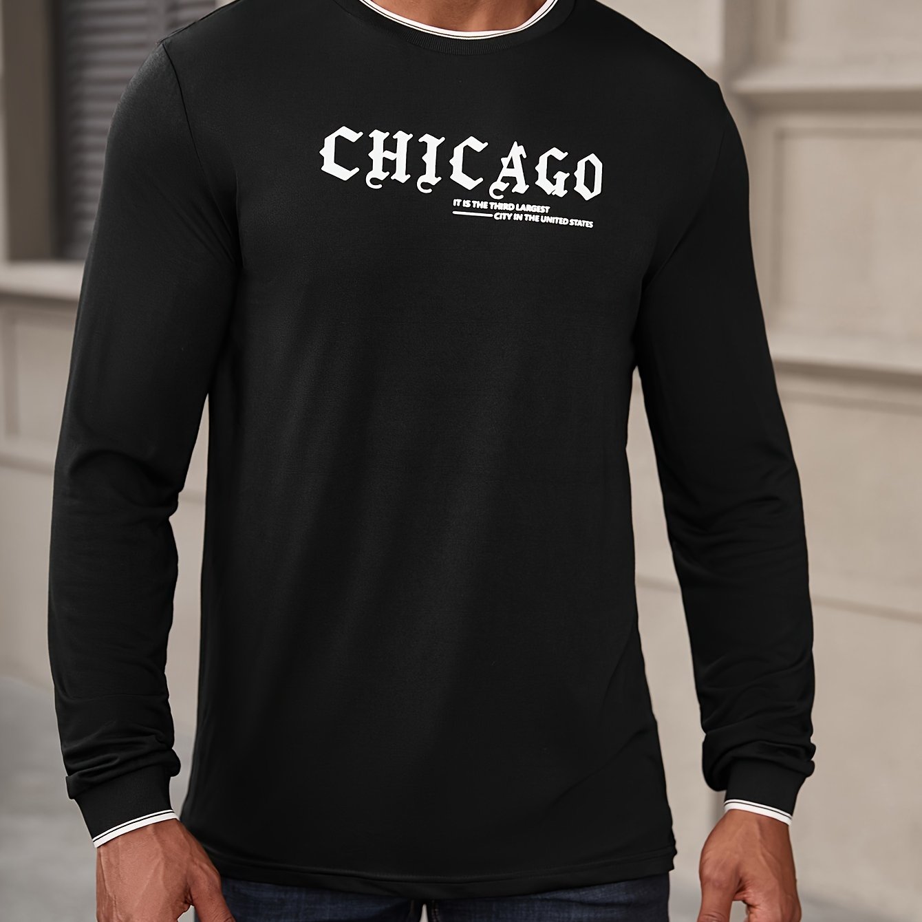 CHICAGO Print Men's Street Daily Long Sleeve High Stretch T-shirt, Spring Fall Outdoor, Men's Clothing