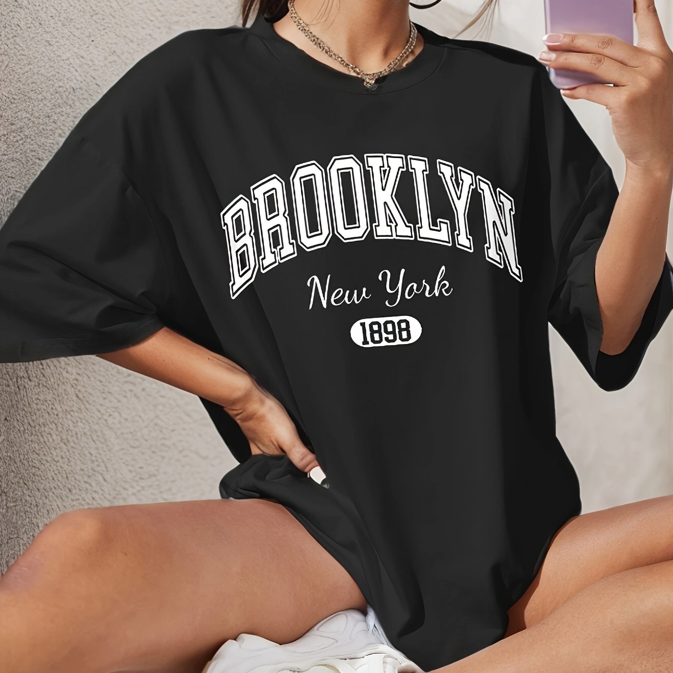 BROOKLYN Print T-shirt, Casual Short Sleeve Crew Neck Top For Spring & Summer, Women's Clothing