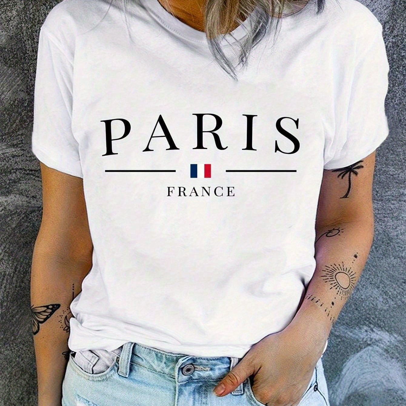 Paris Print Crew Neck T-shirt, Short Sleeve Casual Top For Spring & Summer, Women's Clothing