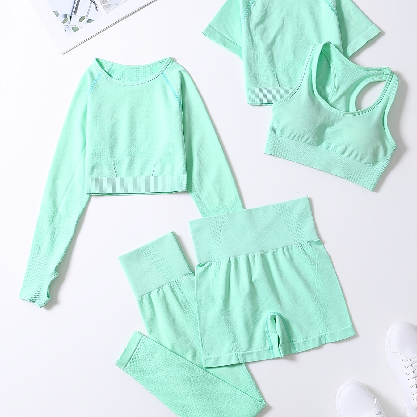 5pcs Seamless Yoga Suits, Racer Back Tank Top & Short Sleeve Cropped Top & Long Sleeve T Shirt & Shorts & Leggings Set, Women's Activewear