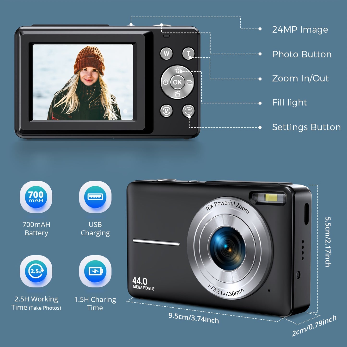 Stuogyum Dc403 Compact Digital Camera - 44Mp, Fhd 1080P Video, 16X Digital Zoom, Auto-Focus, Anti-Shake, Includes 32Gb Memory Card, 700Mah Battery & Case - Perfect For Beginners