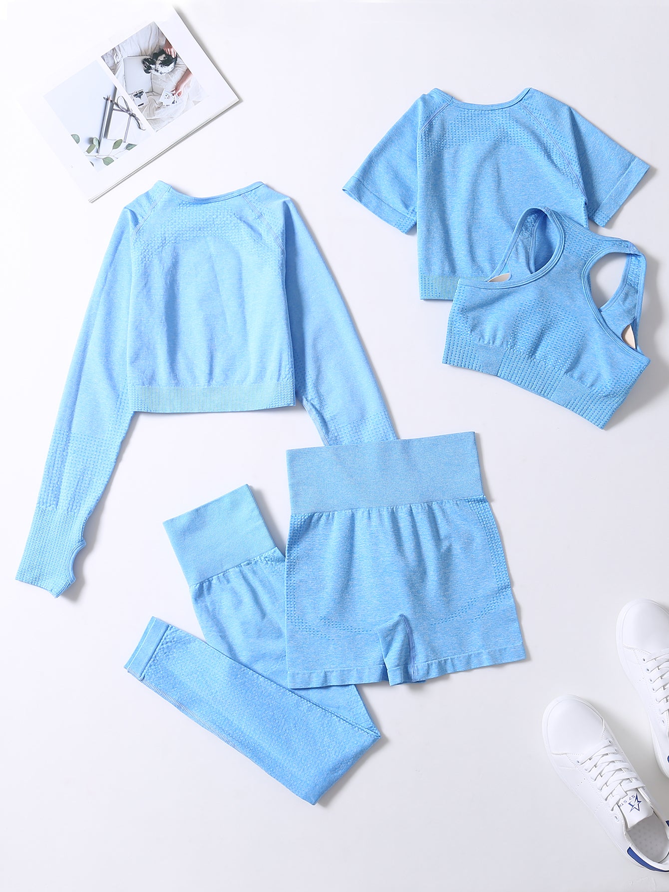 5pcs Seamless Yoga Suits, Racer Back Tank Top & Short Sleeve Cropped Top & Long Sleeve T Shirt & Shorts & Leggings Set, Women's Activewear