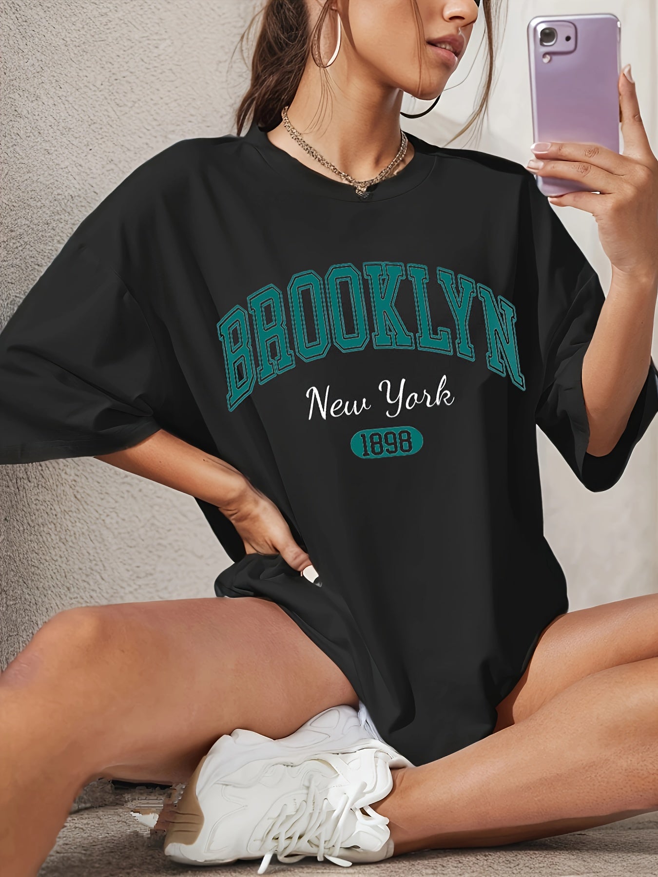 BROOKLYN Print T-shirt, Casual Short Sleeve Crew Neck Top For Spring & Summer, Women's Clothing