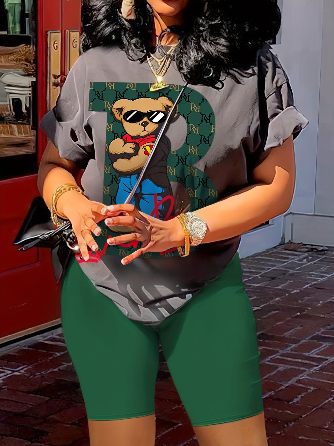 Women's Casual Cartoon Contrast Color 2-Piece Set, Short Sleeve Round Neck T-shirt And Biker Shorts Outfit, Lounge Wear