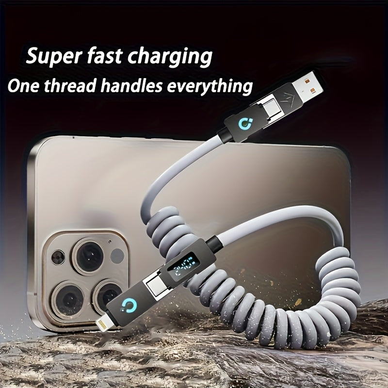 240Wmax 4-in-1 USB-C Charging Cable with Digital Display - Soft & Elastic Spring Wire, Fast Charging for iPhone, Xiaomi, Huawei & More - Multi-Port, High-Speed Data Transfer, Car Mountable, Car Charging Cable | Flexible Charg