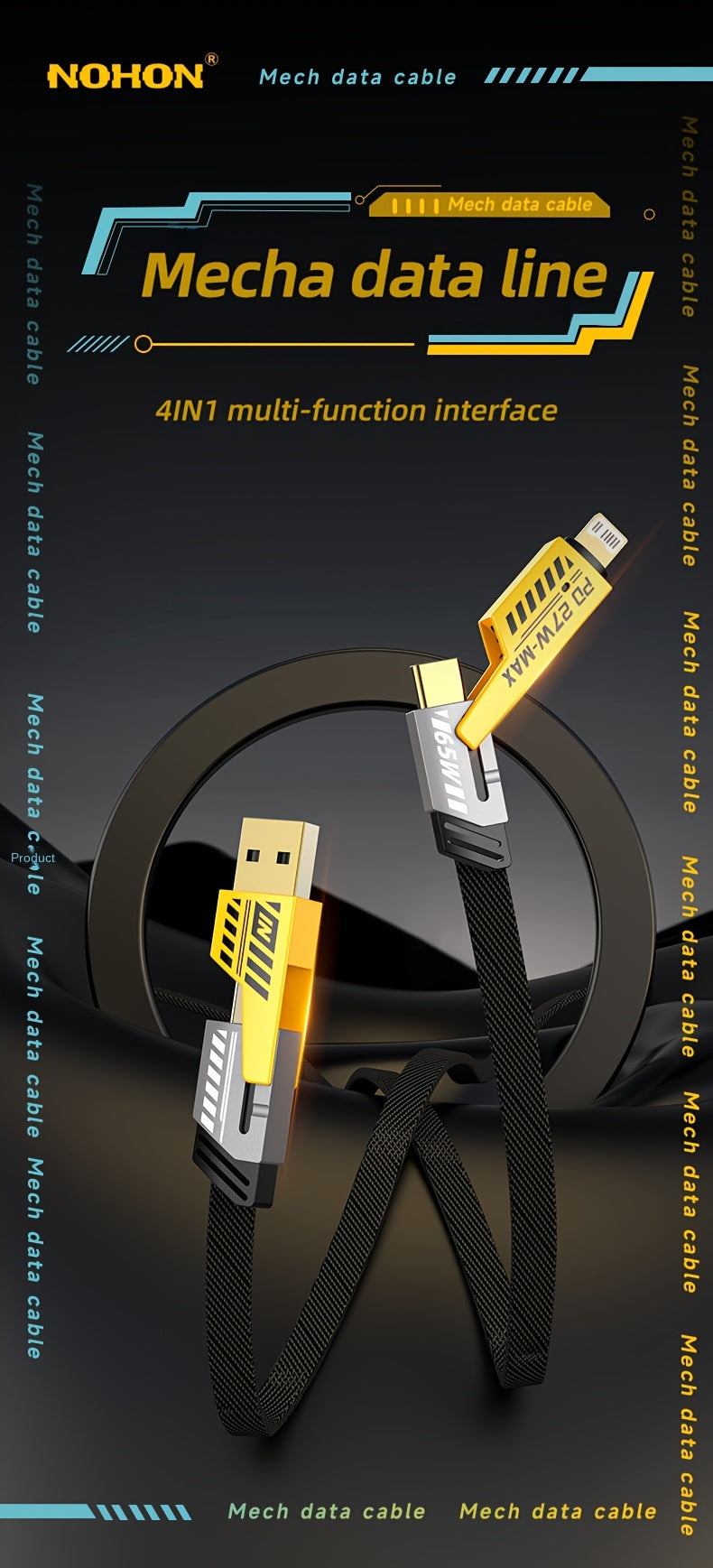 4-in-1 Fast Charging Cable, 47.24 in/120cm Dual Type-C & USB Lighting Connectors, Fabric Flat Cable, Matte Surface, USB Male to Male, Compatible with iPhone 15, For IPhone, USB Type C Charger Tablet Charge Cable