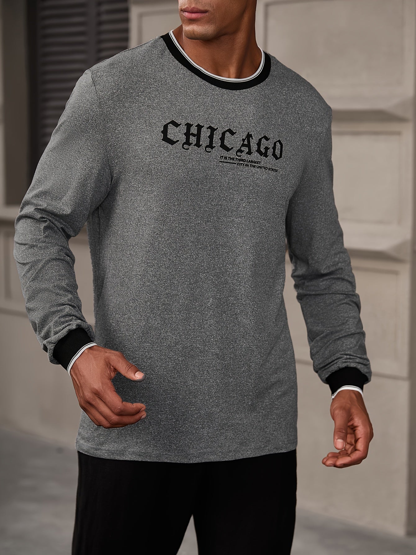 CHICAGO Print Men's Street Daily Long Sleeve High Stretch T-shirt, Spring Fall Outdoor, Men's Clothing