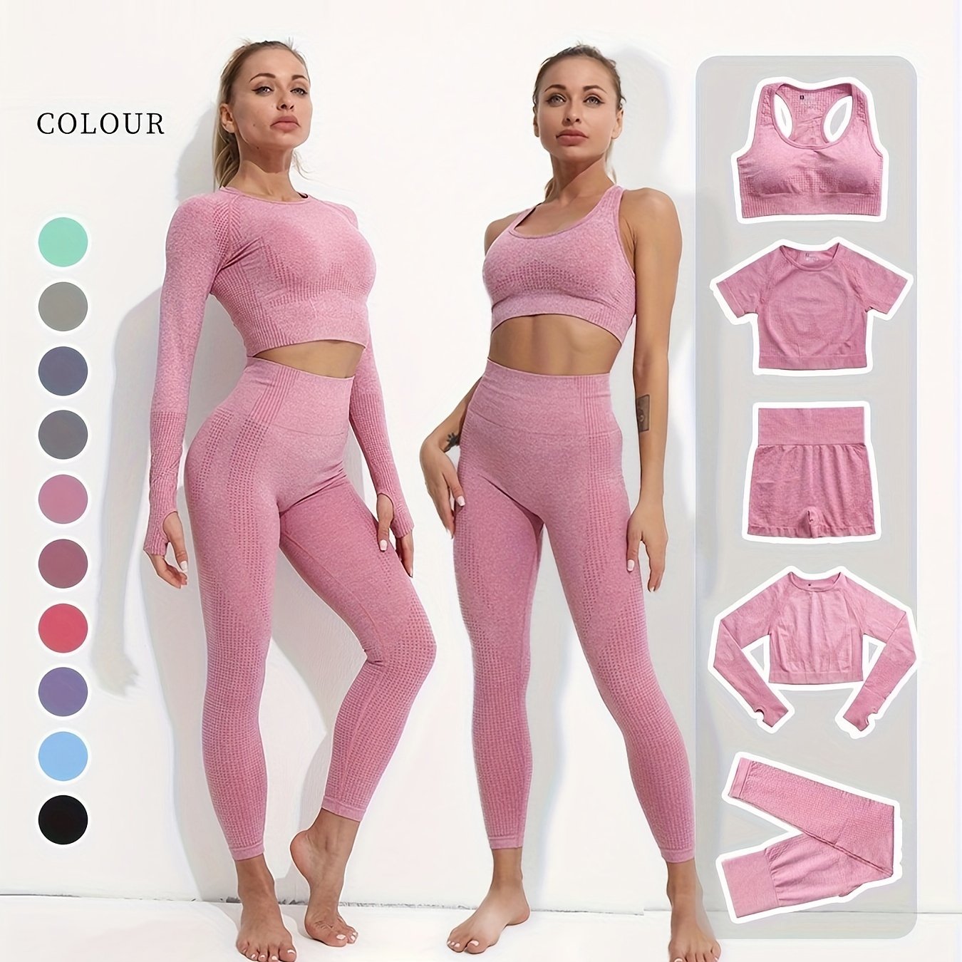 5pcs Seamless Yoga Suits, Racer Back Tank Top & Short Sleeve Cropped Top & Long Sleeve T Shirt & Shorts & Leggings Set, Women's Activewear