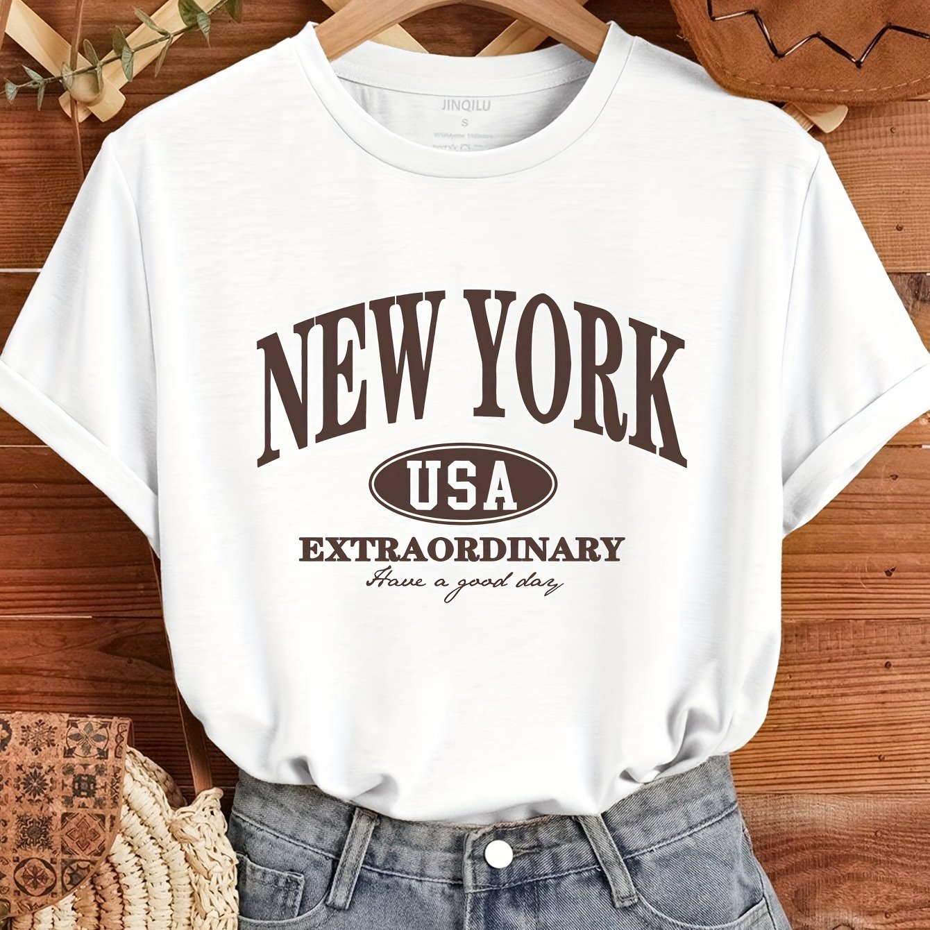 New York Print Crew Neck T-shirt, Short Sleeve Casual Top For Spring & Summer, Women's Clothing