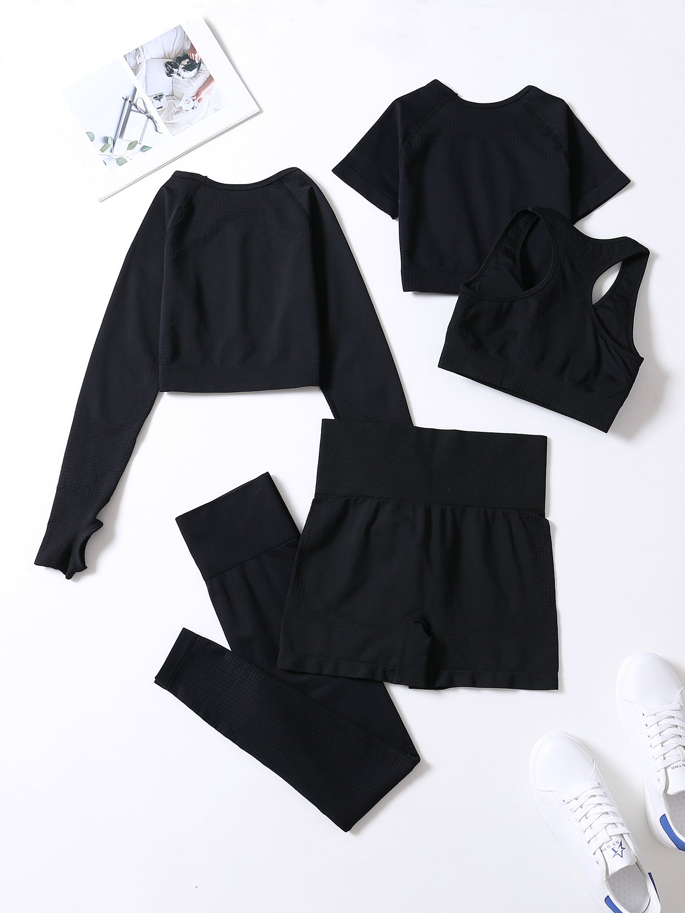 5pcs Seamless Yoga Suits, Racer Back Tank Top & Short Sleeve Cropped Top & Long Sleeve T Shirt & Shorts & Leggings Set, Women's Activewear