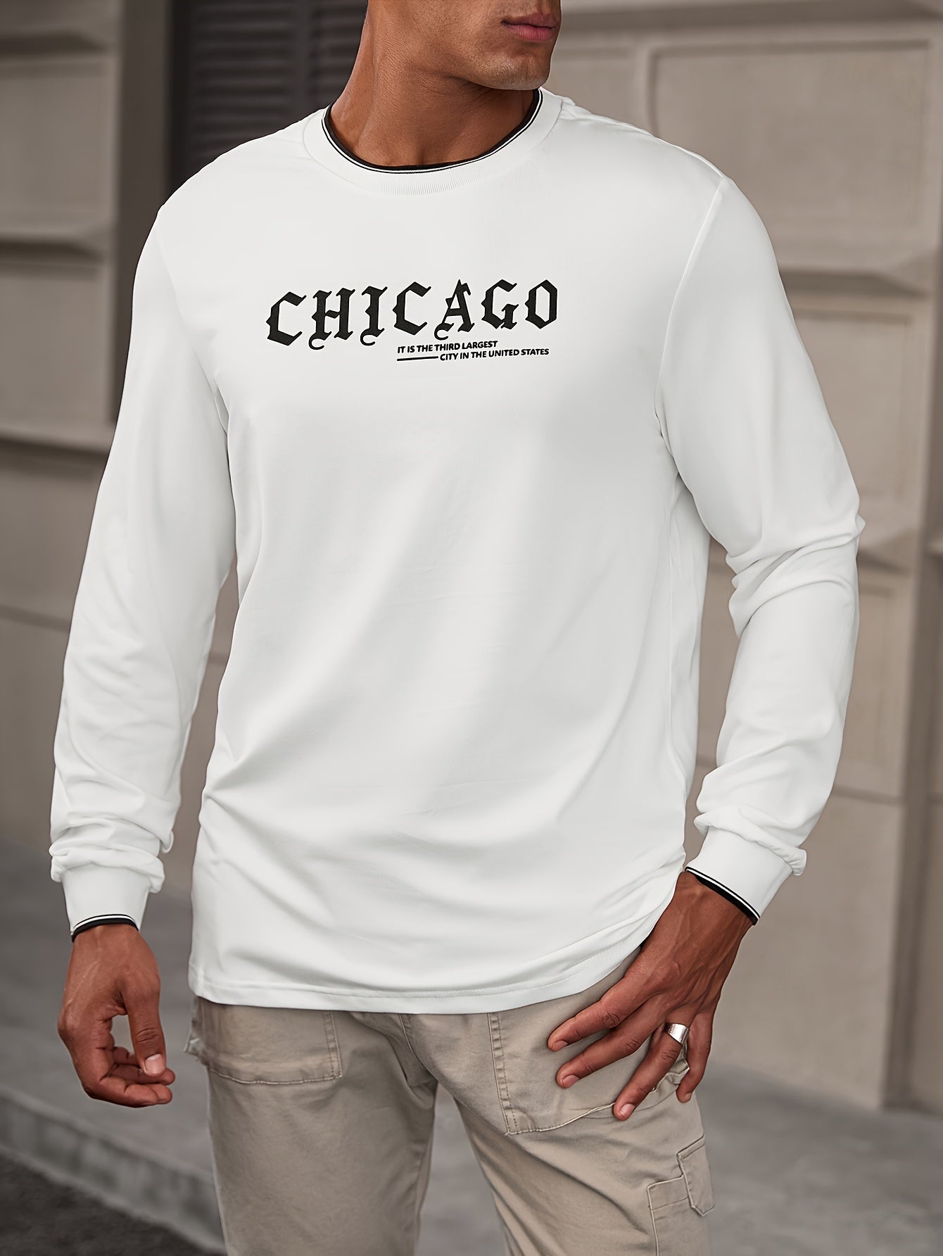 CHICAGO Print Men's Street Daily Long Sleeve High Stretch T-shirt, Spring Fall Outdoor, Men's Clothing