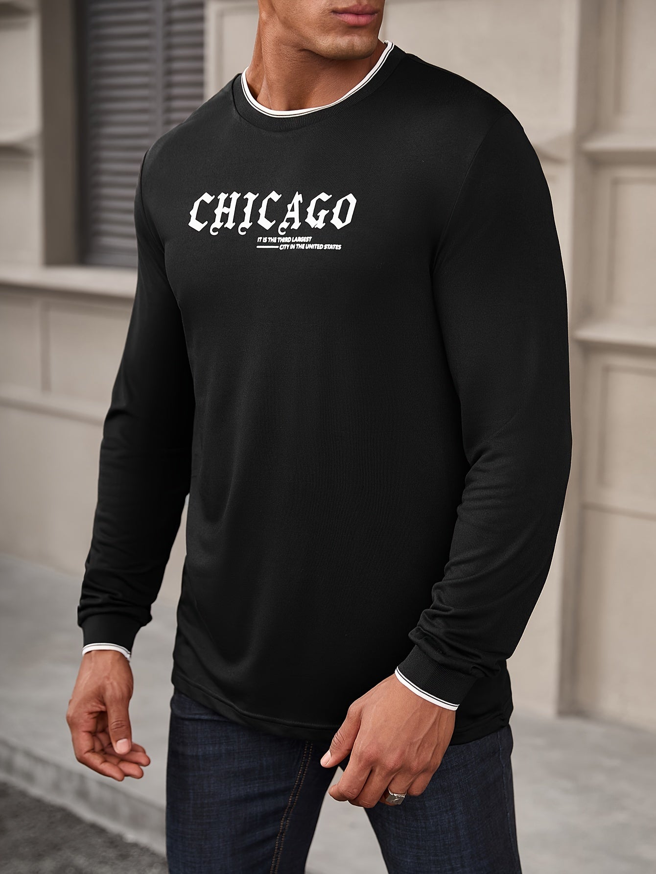 CHICAGO Print Men's Street Daily Long Sleeve High Stretch T-shirt, Spring Fall Outdoor, Men's Clothing
