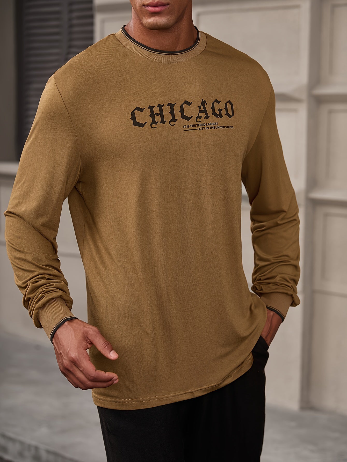 CHICAGO Print Men's Street Daily Long Sleeve High Stretch T-shirt, Spring Fall Outdoor, Men's Clothing