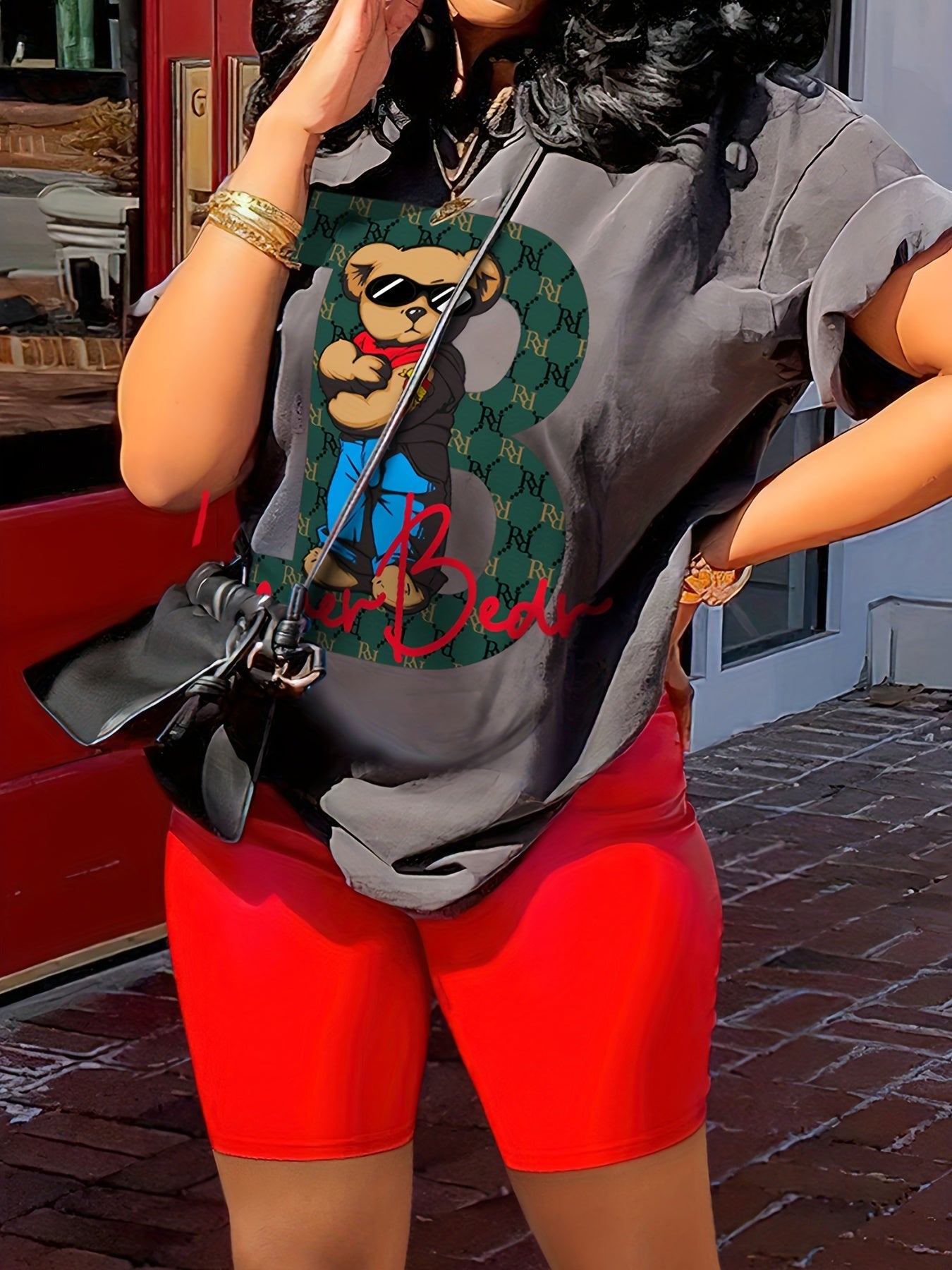 Women's Casual Cartoon Contrast Color 2-Piece Set, Short Sleeve Round Neck T-shirt And Biker Shorts Outfit, Lounge Wear