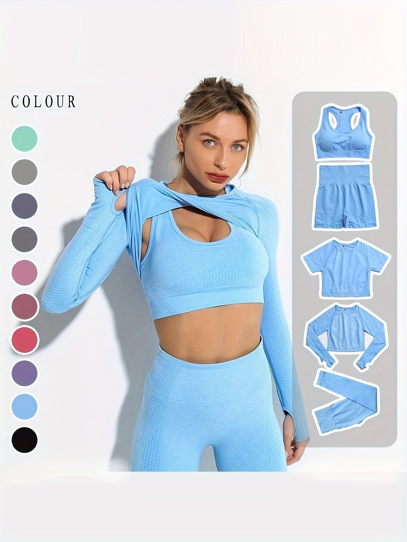 5pcs Seamless Yoga Suits, Racer Back Tank Top & Short Sleeve Cropped Top & Long Sleeve T Shirt & Shorts & Leggings Set, Women's Activewear