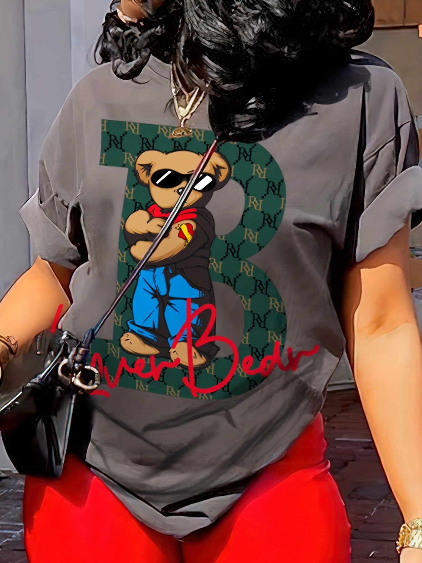 Women's Casual Cartoon Contrast Color 2-Piece Set, Short Sleeve Round Neck T-shirt And Biker Shorts Outfit, Lounge Wear