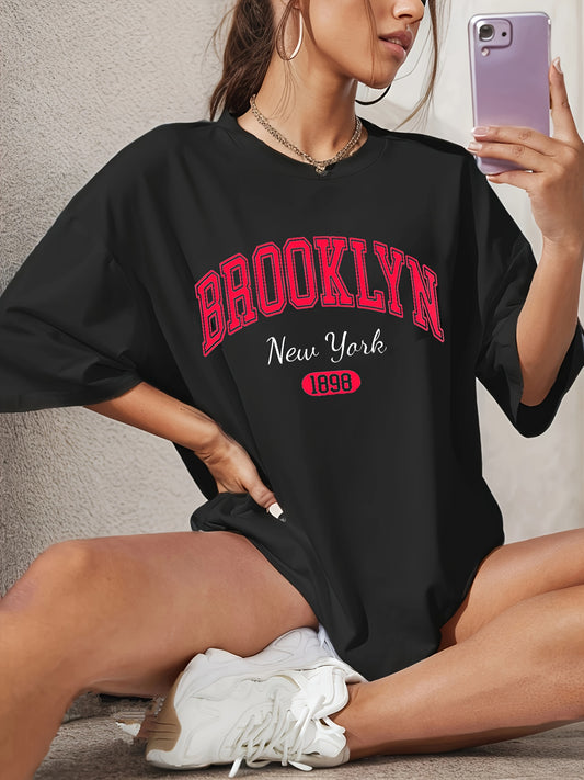BROOKLYN Print T-shirt, Casual Short Sleeve Crew Neck Top For Spring & Summer, Women's Clothing