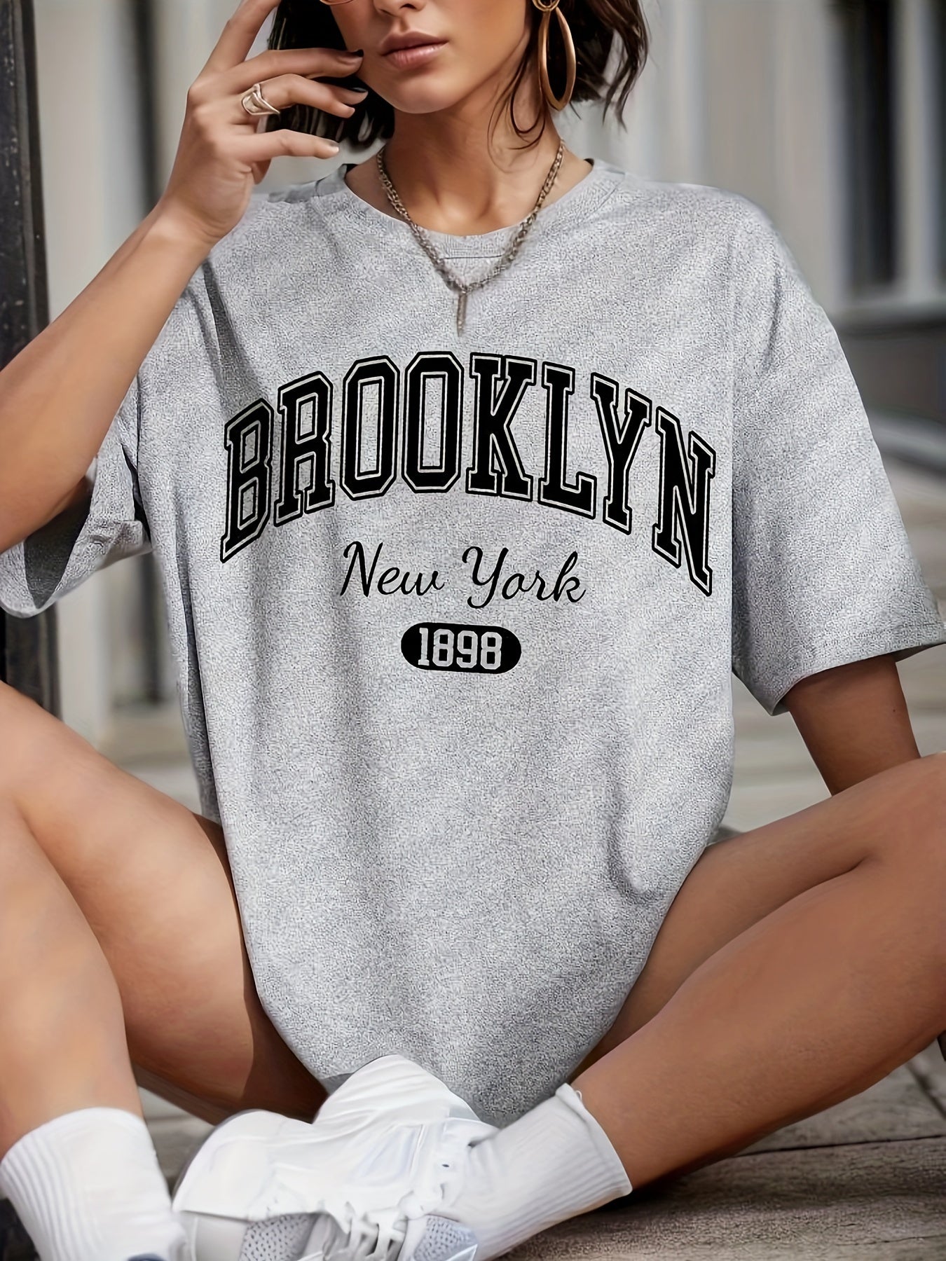 BROOKLYN Print T-shirt, Casual Short Sleeve Crew Neck Top For Spring & Summer, Women's Clothing
