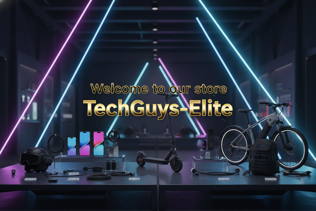 need  store  moern neon  selling tech staff phone  usb  scooter  bicycle  army staff and need to have  welcome to our store TechGuys-Elite  store  in gold letter  premium in 8k quality the photo as better you can